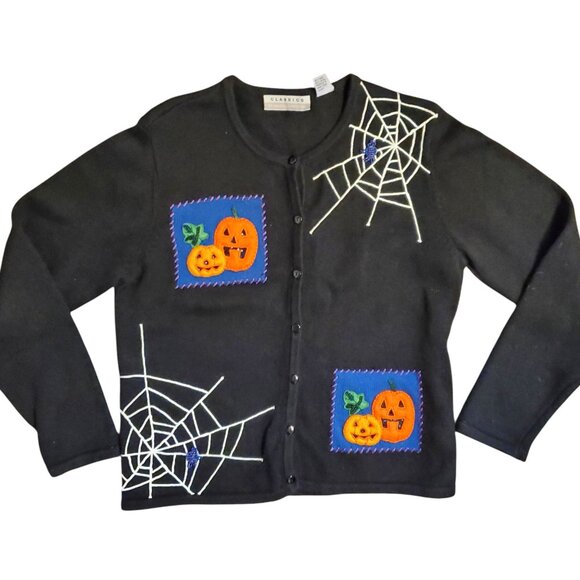 Vintage 90s Black Halloween Maximalist Beaded Embroidered Cardigan Sweater M - Picture 1 of 8